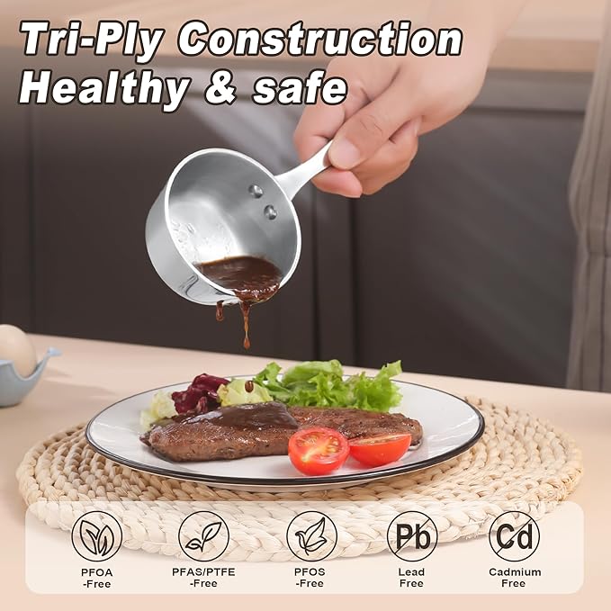 Mini Sauce Pan Butter Warmer Pot with Handle 18/10 Stainless Steel Small Pot for Melting Butter Heating Sauce Gravy & Oil (5oz/150ml) - Silver