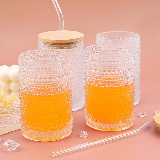 Vintage Hobnail Drinking Glasses Set of 4, 16 oz Highball Glasses Cup Set, Kitchen Water Glasses Cup, Bar Mixed Drinkware Set for Beer, Juice, Cocktail, Whiskey, Milk
