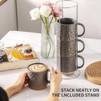 Nihow Ceramic Coffee Mug Set of 4, 16OZ Stackable Coffee Mug Set with Stainless Stand,Large Cup Set for Cappuccino,Tea,Hot/Cold Drinks,Dishwasher & Microwave Safe,Matte Gray