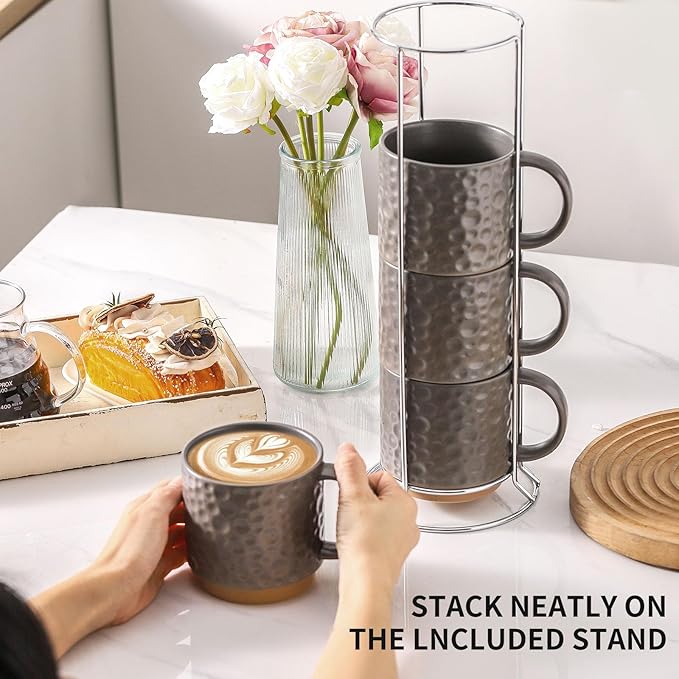 Nihow Ceramic Coffee Mug Set of 4, 16OZ Stackable Coffee Mug Set with Stainless Stand,Large Cup Set for Cappuccino,Tea,Hot/Cold Drinks,Dishwasher & Microwave Safe,Matte Gray