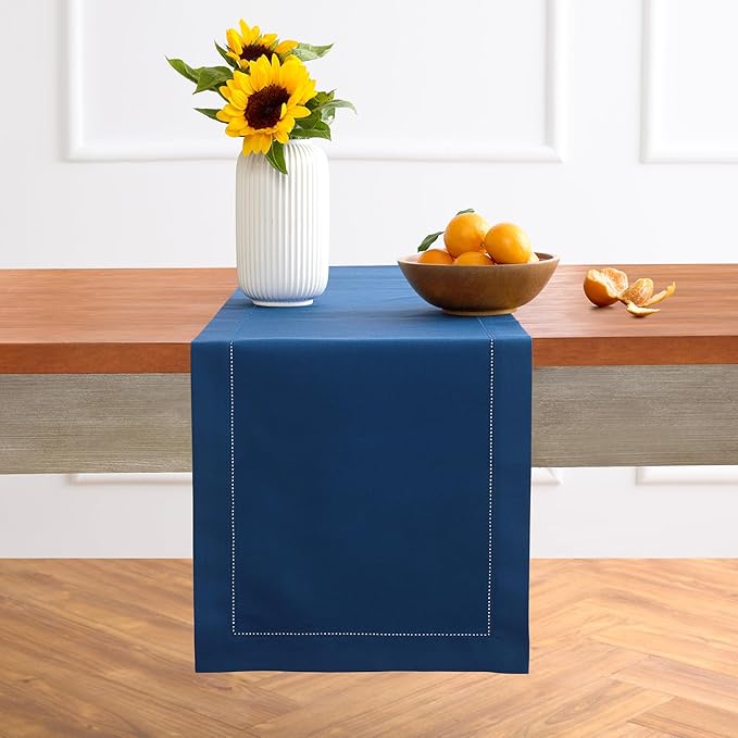 Solino Home Cotton Linen Table Runner 48 Inches - Lapis Blue Hemstitch Table Runner 14 x 48 Inch Ideal for Dresser and Coffee Tables - Summer, Fall, Autumn, Halloween