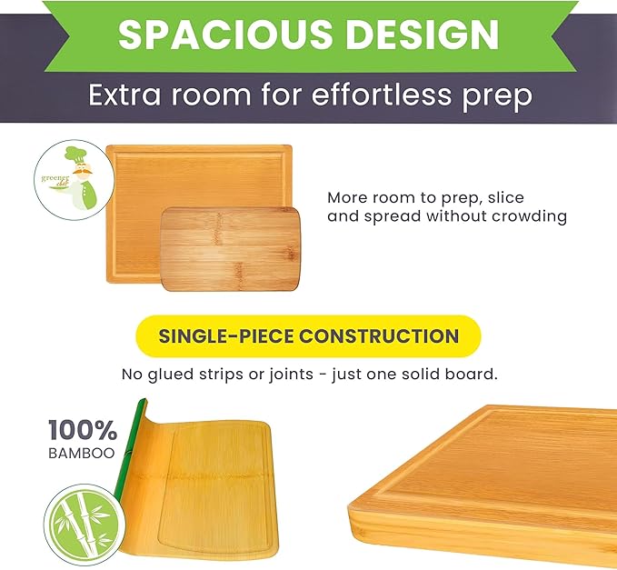 Bamboo Cutting Board – 15 Inch Wood Cutting Boards for Kitchen with Glue-Free Surface™ & Juice Groove – Non-Toxic, FSC-Certified, Durable Wooden Chopping Board - Rectangle