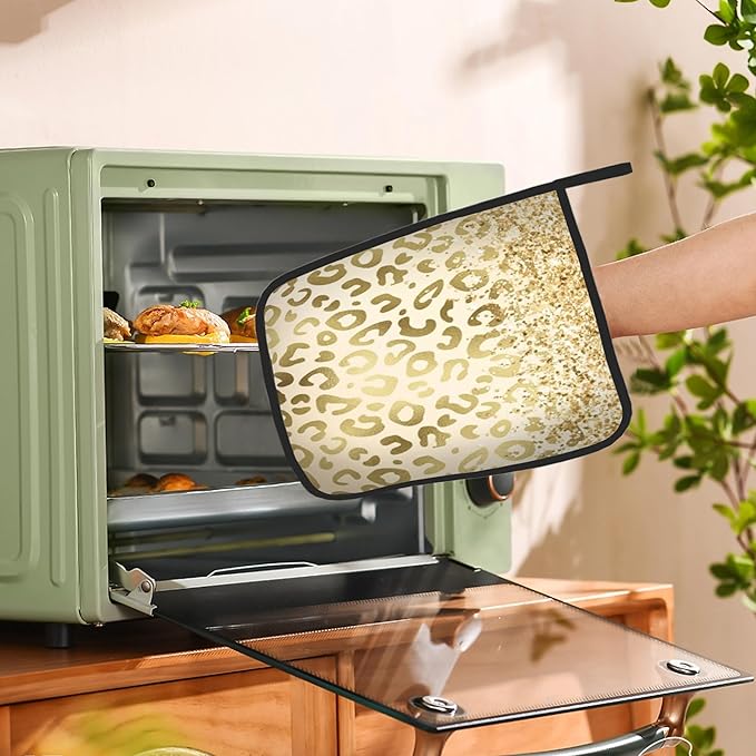 Yellow Leopard Pot Holder Set of 2,Sparkling Glitter Kitchen Heat Resistant Potholder for Women Men BBQ Cooking Baking