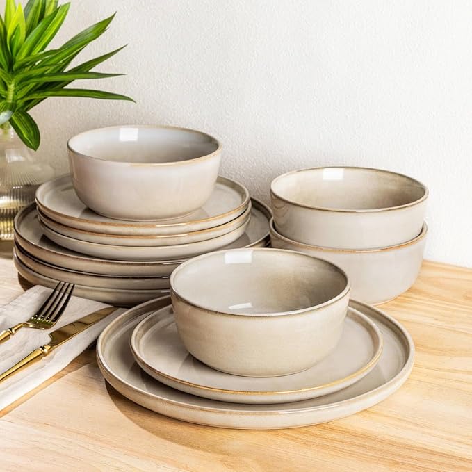 AmorArc Stoneware Dinnerware Sets,Round Reactive Glaze Plates and Bowls Set,Highly Scratch Resistant | Dishwasher & Microwave Safe Dishes Set,Service for 4 (12pc)