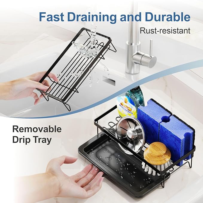 GSlife 2 in Set of Dish Drying Rack and Sink Caddy - Dish Rack for Kitchen Counter with Slots, Utensil Holder, Cup Holder, Cutting Board Holder, Black