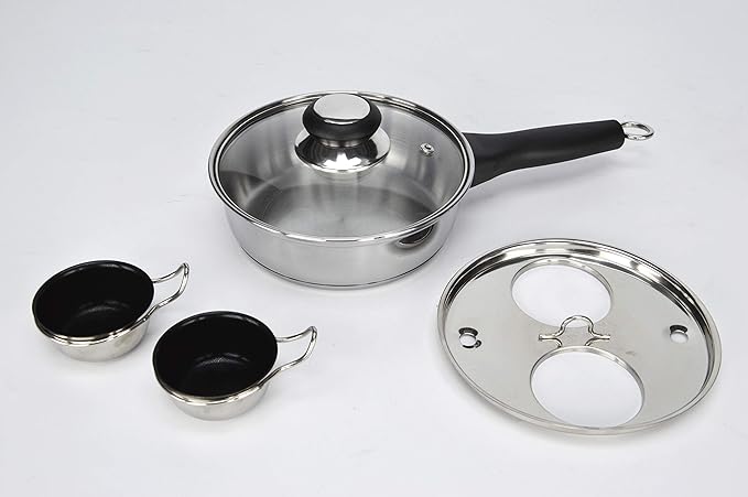 2 Cups Egg Poacher Pan - Stainless Steel Poached Egg Cooker – Perfect Poached Egg Maker – Induction Cooktop Egg Poachers Cookware Set with 2 Nonstick Large PFOA FREE Egg Poacher Cups…