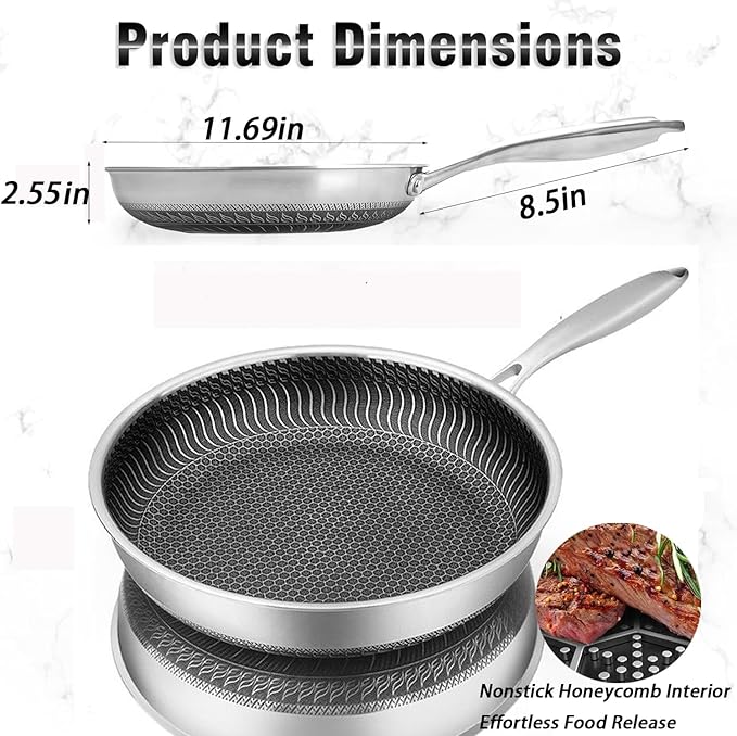 Non Stick Frying Pan,11.6 Inch Hybrid Nonstick Frying Pan,Non Stick Stainless Steel Skillet, Dishwasher and Oven Safe,Compatible with All Cooktops.