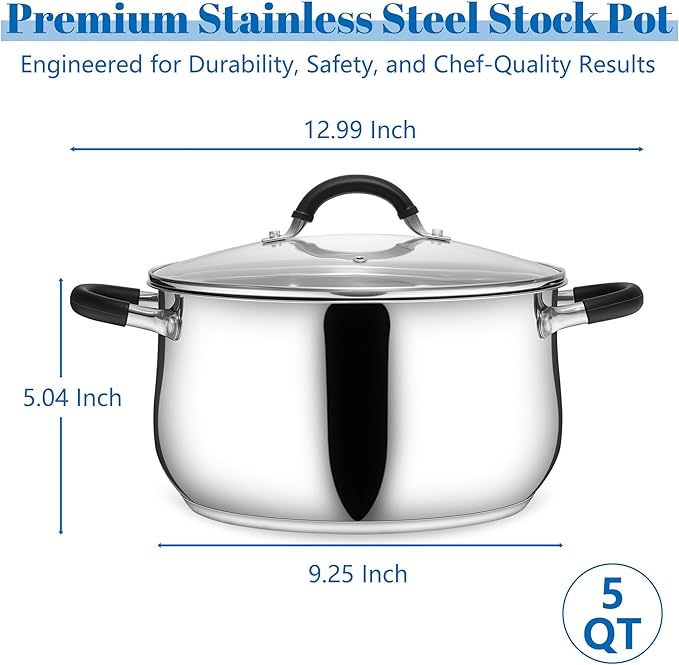 E-far 5Qt Stainless Steel Pot, Stock Pot with Glass Lid for Cooking Pasta Soup Sauce, Tri-Ply Induction Thick Base & Cool-Touch Handles, All Stoves & Dishwasher Safe