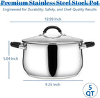 E-far 5Qt Stainless Steel Pot, Stock Pot with Glass Lid for Cooking Pasta Soup Sauce, Tri-Ply Induction Thick Base & Cool-Touch Handles, All Stoves & Dishwasher Safe
