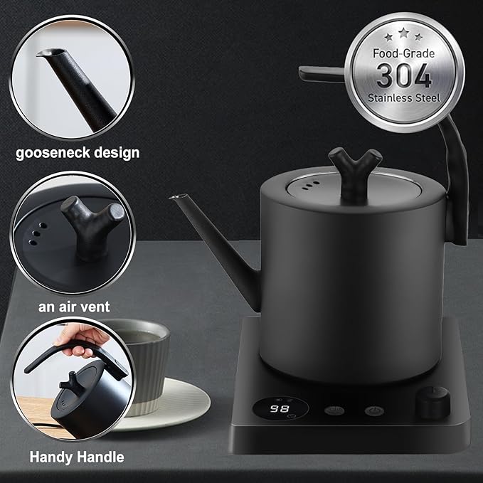 1.0L Gooseneck Electric Kettle with Temperature Control, 304 Stainless Steel Tea Kettle, Auto Shut-Off & 360° Smart Base, 800W Fast Boiling BPA-Free, Matte Black for Home/Office/Coffee/Tea