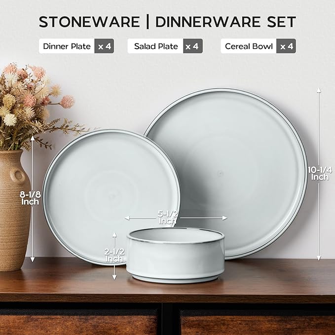 Stoneware Dinnerware Sets, Onader 12 Piece Plates and Bowls Dish Sets for 4, Ceramic Dishware Dining Ware with Rustic Terracotta Bottom - Glacier White
