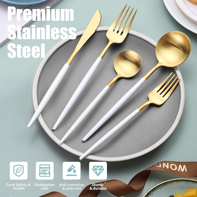 Lemeya Matte White Gold Silverware Set for 4,Modern Stainless Steel Brushed Cutlery Set,20-Pieces Heavy Duty Flatware Set,Knives Spoons and Forks Set Utensils Set, Satin Finish, Dishwasher Safe