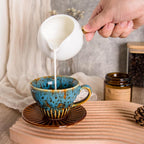 4 oz Espresso Cups Set of 2, Ceramic Cappuccino Cups with Saucers, Durable Porcelain Tea Set & Modern Coffee Cup Collection, Coffee Lover Gifts, Glazed Blue