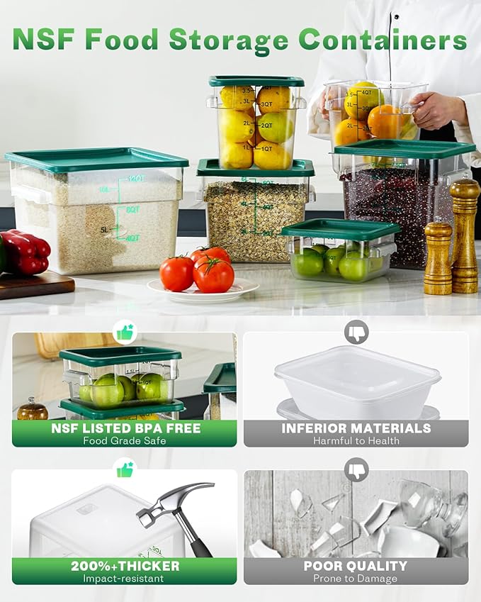 6QT Clear Food Storage Containers: 2 PCS[Food Grade][Hot&Cold Resistant] NSF Food Storage Containers with Lids for Home Restaurant Kitchen Storage Pizza Proof Dough, BPA Free(GREEN N1)