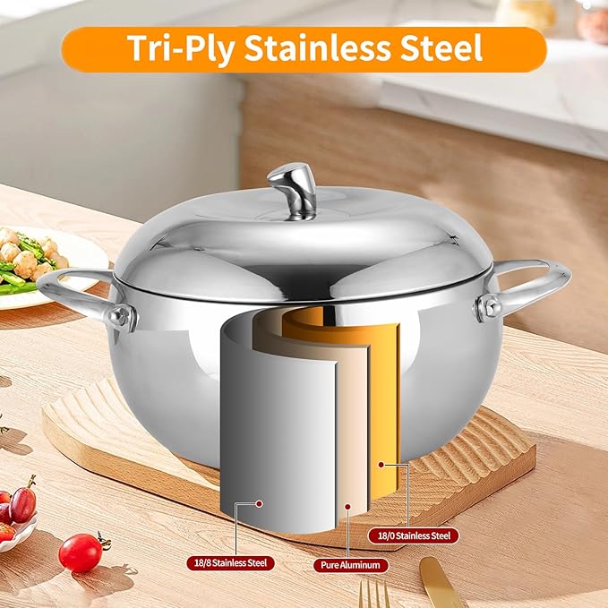 DELARLO Tri-Ply Stainless Steel 5 Quart Dutch Oven With Lid,Induction Braiser Pan Rondeau Pot Dishwasher-Safe Compatible With All Cooktops Up to 500℉
