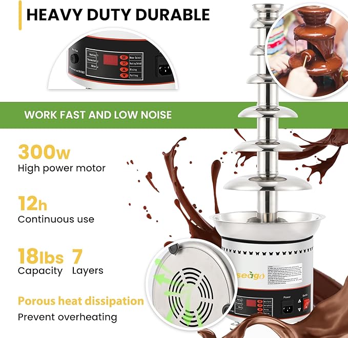 Chocolate Fountains Commercial 7 Tiers 18Lbs Large Chocolate Waterfall Machine Stainless Steel Chocolate Melting Fondue Set Easy Assembly for Nacho Cheese BBQ Sauce Liqueurs Digital-control