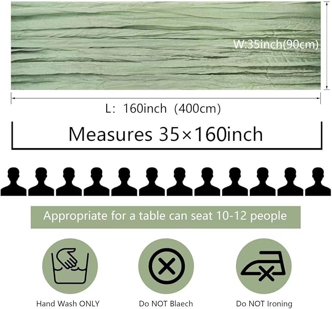 12 Pcs Sage Green Cheesecloth Table Runner 13ft Boho Gauze Cheesecloth Table Runner 160 inch Long for Christmas Wedding Bridal Baby Shower Birthday Table Decorations