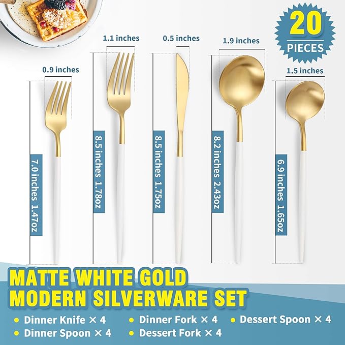 Lemeya Matte White Gold Silverware Set for 4,Modern Stainless Steel Brushed Cutlery Set,20-Pieces Heavy Duty Flatware Set,Knives Spoons and Forks Set Utensils Set, Satin Finish, Dishwasher Safe