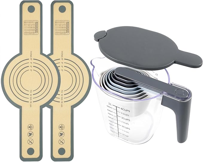 12-Piece Measuring Cups and Spoons Set with Stackable Measuring Cup, Lid, and 2 Grey Silicone Bread Slings, Unique Kitchen Gadgets for Baking and Cooking, BPA-Free, Dishwasher Safe