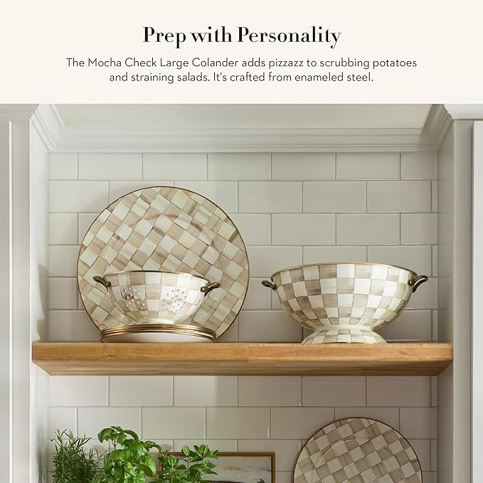 MACKENZIE-CHILDS Enamel Colander, Decorative Kitchen Strainer, Large, Brown-and-White Mocha Check