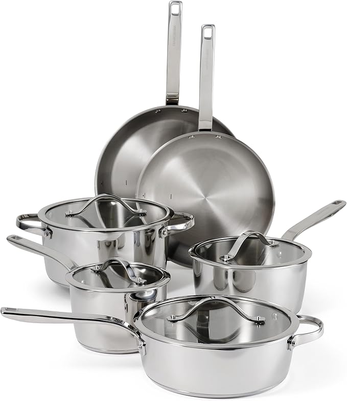 Tramontina Tempo Tri-Ply Base Stainless Steel 10-Piece Cookware Set with Glass Lids, Pots and Pans Kitchen Set, Induction-Ready, Oven-Safe, Dishwasher-Safe