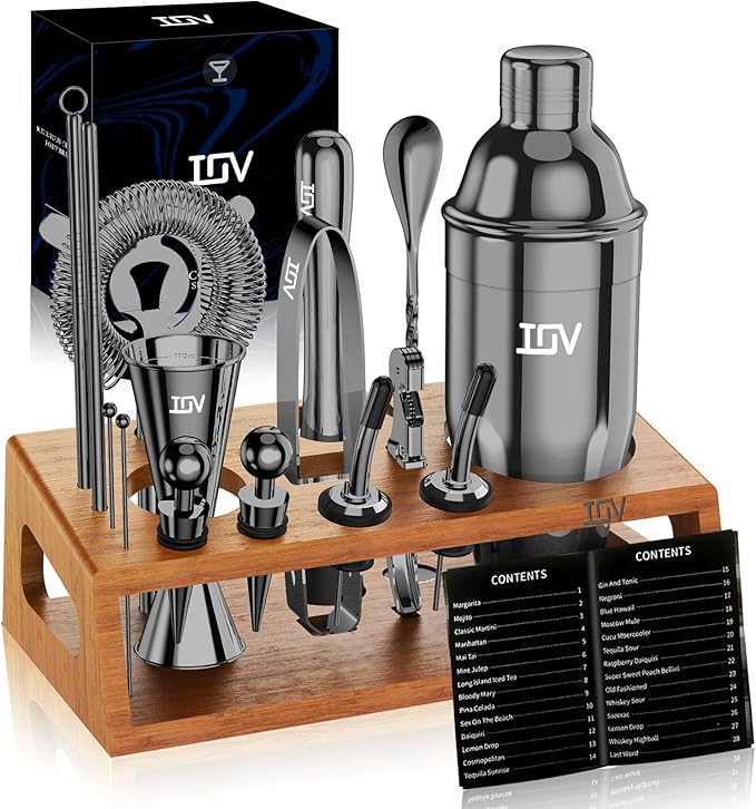 IOV Cocktail Shaker Set Bartender Kit with Stand | Bar Set Drink Mixer Set Includes Martini Shaker, Jigger, Strainer, Mixing Spoon, Muddler, Recipe Book | Home Bar Accessories Gift Set (Black)
