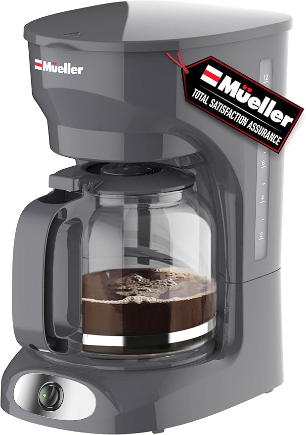 MUELLER HOME 12-Cup Drip Coffee Maker Perfect for Home or Office, Borosilicate Carafe, Auto-Off, Reusable Filter, Anti-Drip, Keep-Warm Function, Clear Water Level Window, Gray