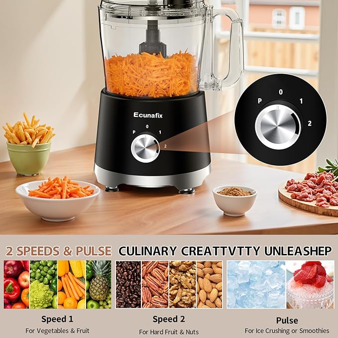 Food Processor and Vegetable Chopper 600W BPA Free 12-Cup Bowl, French-Fry-Cutter, 6.8oz Grinder for Cheese Grating, Ice Creshing, Chopping, Shredding, Slicing, Mixing and Doughing, 2+P Speeds