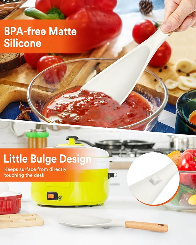 Cooking Spoon for Nonstick Cookwares, Great for Cooking and Serving Sturdy BPA-Free Matte Silicone, Wood Handle Spoon for Mixing, Scoop, and Scrape (WHITE)