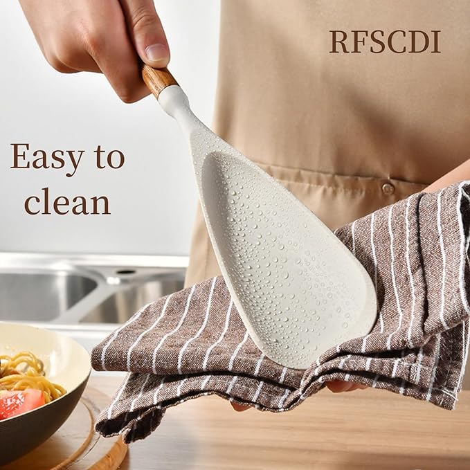White Silicone Cooking Utensils Set, Kitchen Utensils Set 7 Pcs for cooking, Non-Toxic Spatula Set with Heat Resistant Wood Handles for Nonstick Cookware, (Cream White)
