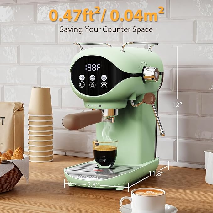 Espresso Machine with Steam Milk Frother Semi Automatic 20 Bar Compact Green with Toggle Switch for home Cafetera Espresso, Latte, Cappuccino, Americano, Macchiato