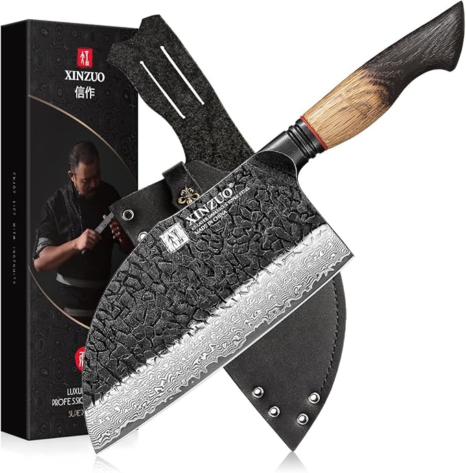 XINZUO 7.3 Inch Hand Forged Butcher Knife With Sheath,67-Layer Damascus Steel With 7Cr17Mov Core Big Knife For Meat Cleaver Cutting Vegetable Cleaver For Kitchen,Camping