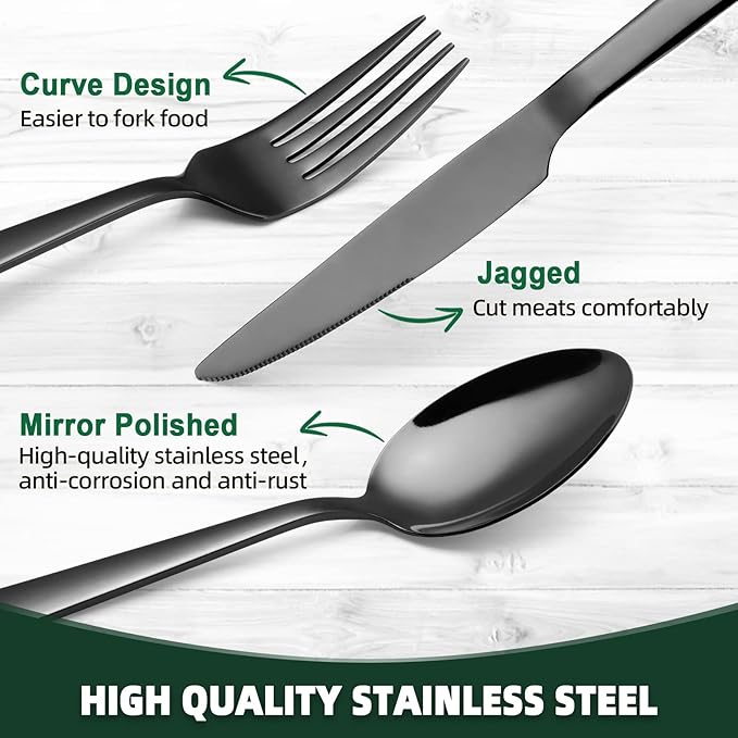 48 Pieces Black Silverware Set with Steak Knives, CEKEE Stainless Steel silverware set for 8, Black Flatware Cutlery Kitchen Utensils Set, Spoons and Forks Set, Mirror Polished & Heavy Duty