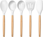 E-far Silicone Cooking Utensils Set, 5-Piece Kitchen Utensils Set with Wooden Handle for Cooking, Silicone Kitchen Nonstick Tools Spatula Turner Slotted Spoons, Nontoxic & Heat Resistant-White