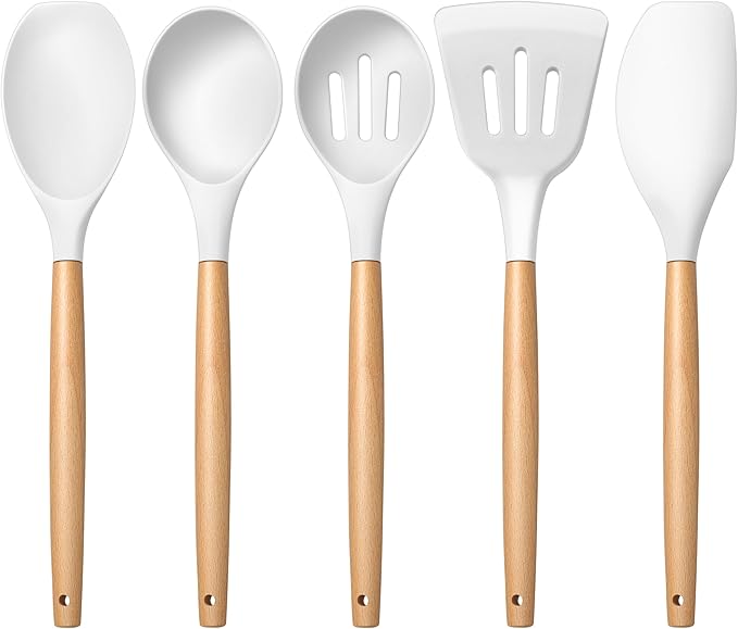 E-far Silicone Cooking Utensils Set, 5-Piece Kitchen Utensils Set with Wooden Handle for Cooking, Silicone Kitchen Nonstick Tools Spatula Turner Slotted Spoons, Nontoxic & Heat Resistant-White