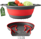 Strainer with Self-Draining Base (5QT) Over-Sink Collapsible Kitchen Colander Set with Side-drain Base for Pasta Vegetables and Fruit, XL Large Capacity, Dishwasher Safe (5-Quart) Red/Gray
