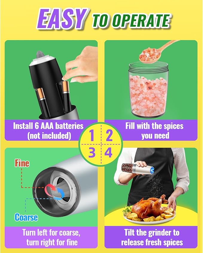 Rongyuxuan Gravity Salt and Pepper Mill Set,Electric Automatic Pepper Grinder Mill Shaker with Battery Powered,Stainless Steel,Blue LED Light,Adjustable Coarseness,One Hand Use,Light Grey