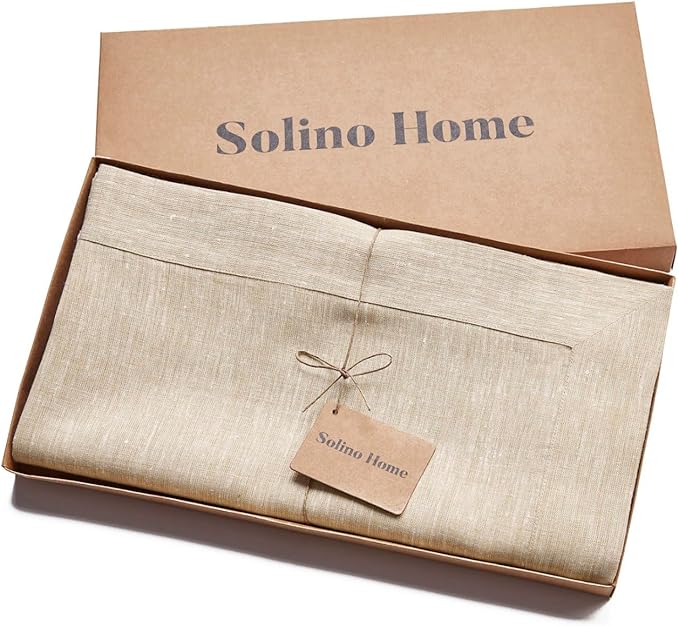 Solino Home Linen Tablecloth 60 x 120 Inch - 100% Pure Linen Champagne Beige Table Cloth for Rectangular Tables - Athena, Machine Washable Cloth Tablecloth for Summer, Fall, Autumn