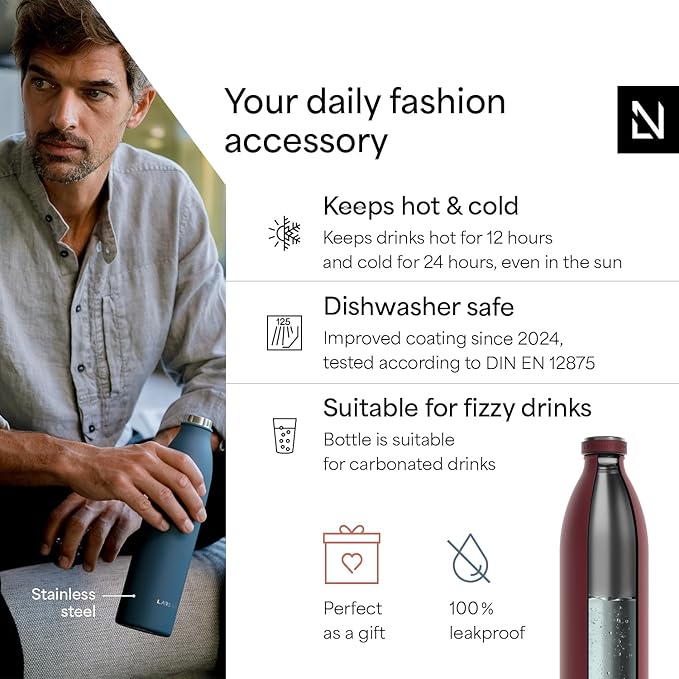 LARS NYSØM Stainless Steel Insulated XL Water Bottle 12 oz 17 oz 25 oz 34 oz 51 oz | Insulated Thermo Flask for Hot and Cold Beverages | Leakproof Drinking Bottle (Berry Red, XL 50.7 oz)