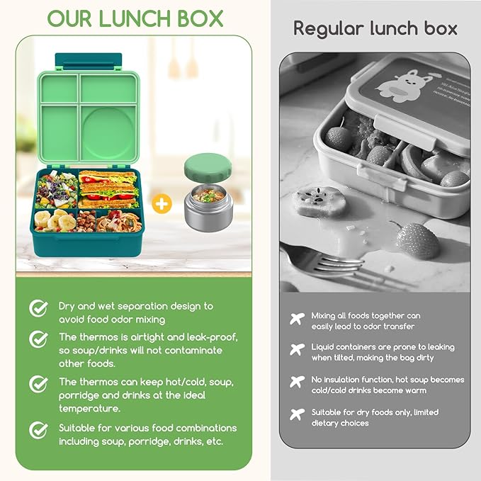 Bento Box for Kids - Leak-Proof Lunch Box with Insulated Thermos Food Jar - 4 Compartments, 1 Removable Divider, 1Spoon, 1 Fork - Dishwasher Safe, BPA-Free (Green)