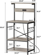 SUPERJARE Kitchen Bakers Rack with Power Outlet, Coffee Bar Table 4 Tiers, Kitchen Microwave Stand with 6 S-Shaped Hooks, Kitchen Storage Shelf Rack for Spices, Pots and Pans - Greige