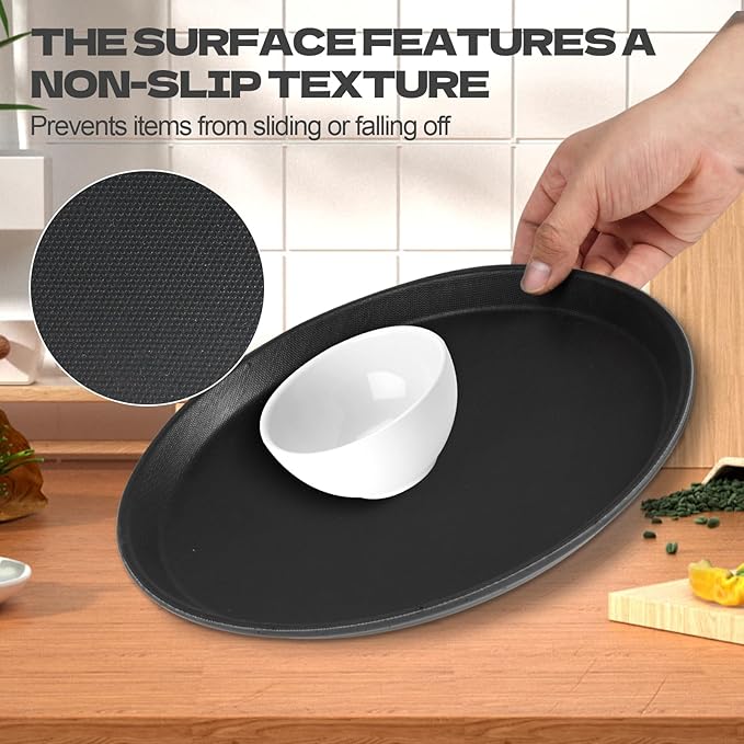 8Pcs Black Round Restaurant Serving Trays, Plastic Non Slip Surface Circle Fruit Appetizer Flat Tray Food Drink Server Tray with Raised Edges for Home, Restaurant, Cafeteria, Bar, Cocktail (16 in)