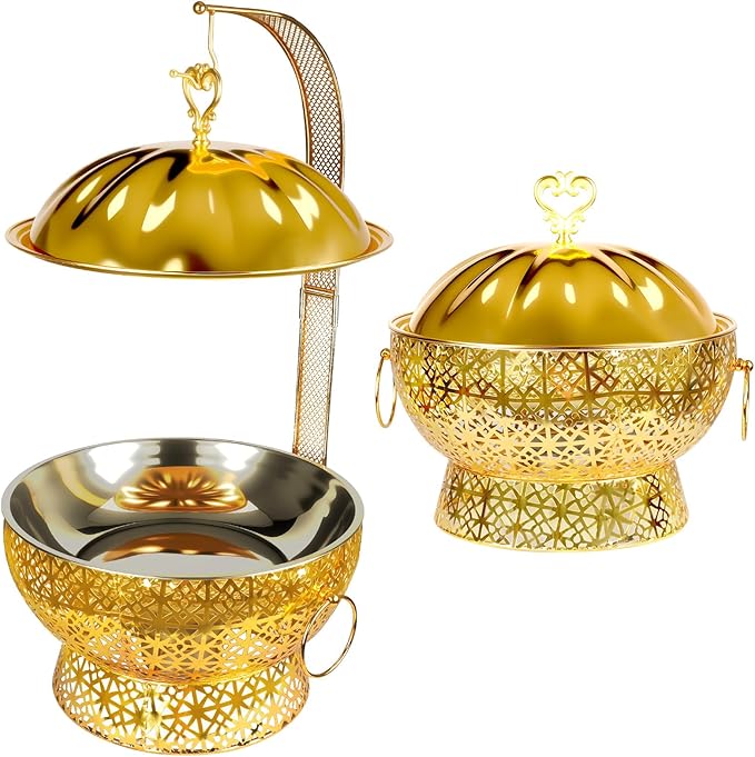 8QT Chafing Dishes Set, Luxury Stainless Steel Round Gold Buffet Warmers with Rolled Edge for Catering, Weddings, Parties, Hotels (2-Pack)