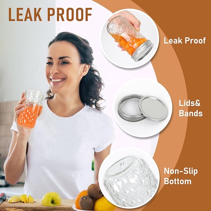 12 oz Mason Jars with Lids & Bands 8Pack, Canning Jars with Stickers and Sponge Brush, Ideal for Jelly Spice Honey Herbs Storage,Party and Wedding Favors