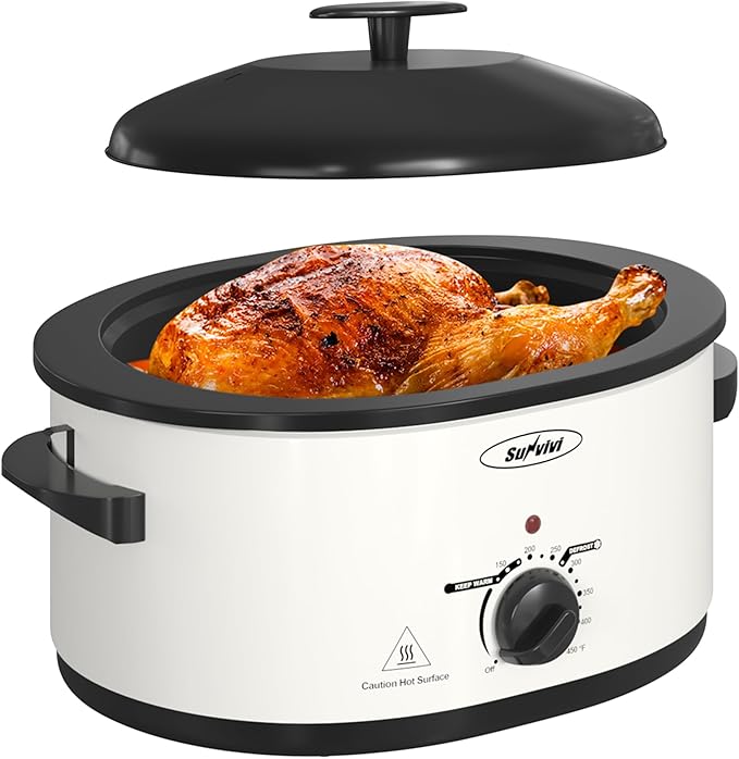 Sunvivi 8-Quart Roaster Oven with Self-Basting Lid, Electric Turkey Roaster Oven with Removable Pan and Rack, Stainless Steel, White