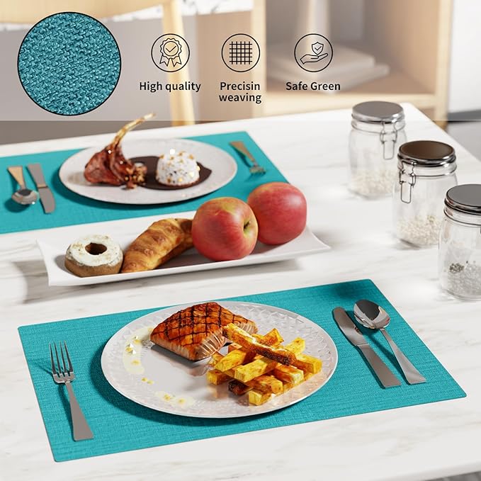 Cloth Placemats, Set of 4 Heat-Resistant Cotton Linen Blend Double Layered Machine Washable Place Mats, Wrinkle Free Thick Fabric Dining Table Mats for Indoors & Outdoors (Teal, 4)