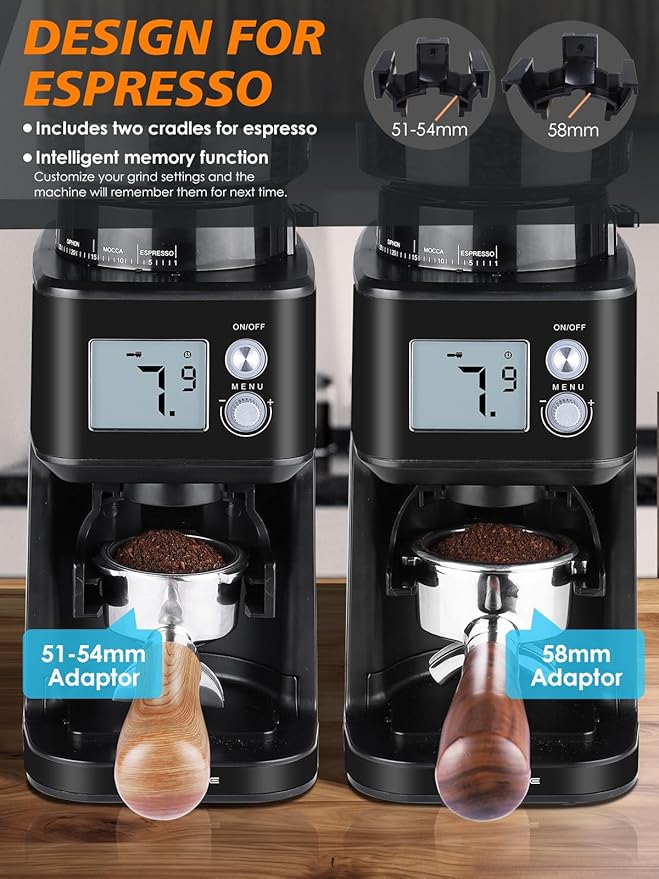 Homtone Conical Burr Espresso Coffee Grinder, Electric Coffee Grinder with 51 Precise Settings, 120V Espresso Grinder with Portafilter Holder, Adjustable for 2-12 Cups, Stainless Steel, Anti-static