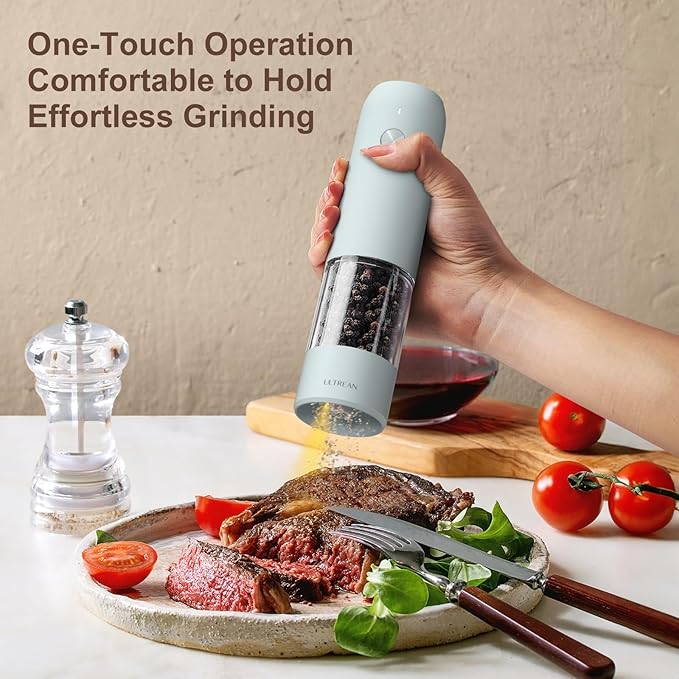 Ultrean Pepper Grinder, Rechargeable Salt and Pepper Grinder with 6 Adjustable Coarseness, LED Light, One-Hand Automatic Operation, Blue