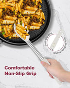 Silicone Spaghetti Spoon and Pasta Tong, Heat-Resistant Noodle Spoon Server, 13“ BPA-Free Spaghetti Strainer, Fork with Teeth and Stainless Steel Handle, Food-Grade Clip for Pasta, Beige