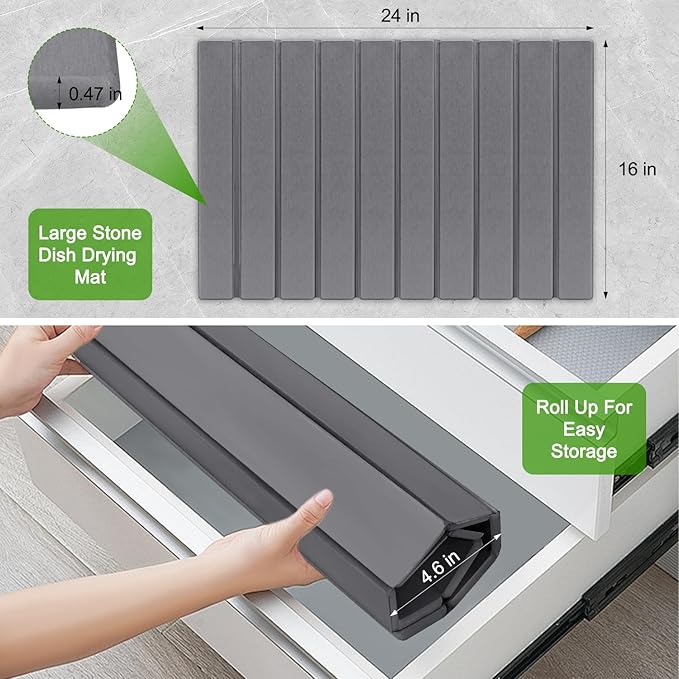 Foldable Stone Dish Drying Mat for Kitchen Counter,24"×16"Fast Dry Pad Absorbent Countertop Mat, Heat-resistant Mat,Diatomaceous Earth Mats,Gray
